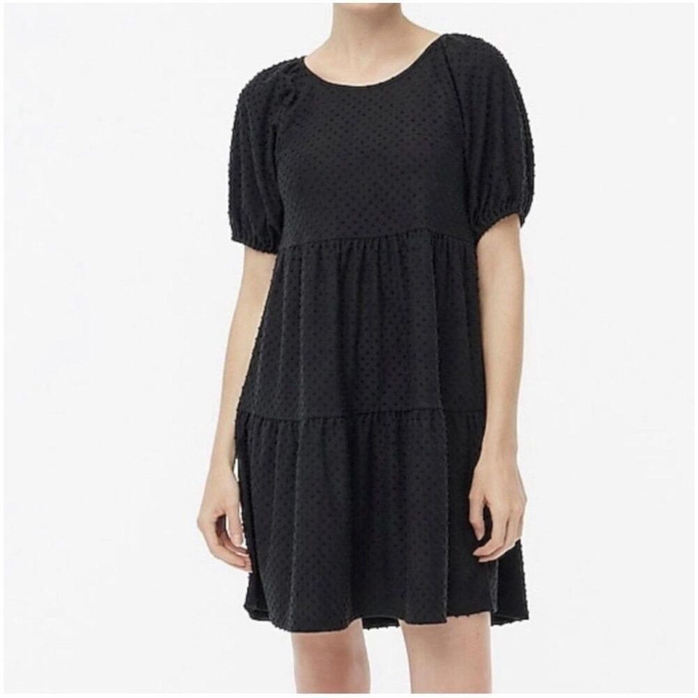 J.Crew Factory Black Tiered Dress Swiss Dot Short Sleeve Basic Capsule Wardrobe